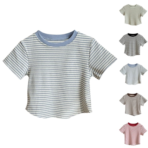 SGFCWSX Girls Short Sleeve T Shirts, Kids Tops Ringer Ribbed Striped Relaxed Fit Summer Casual Tees Light Blue Size 8-9 Years