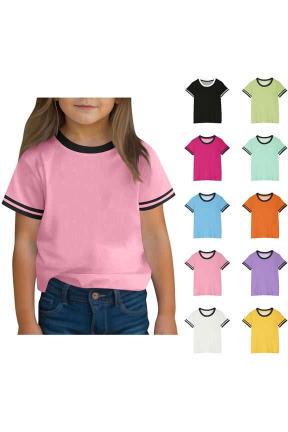 Girls Short Sleeve T Shirts, Teens Crewneck Tees Ringer Relaxed Fit Summer Casual Tops Pink Size 13-14 Years