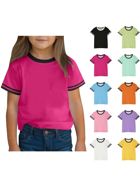 Girls Short Sleeve T Shirts, Teens Ringer Relaxed Fit Tees Crewneck Summer Casual Tops Hot Pink Size 13-14 Years