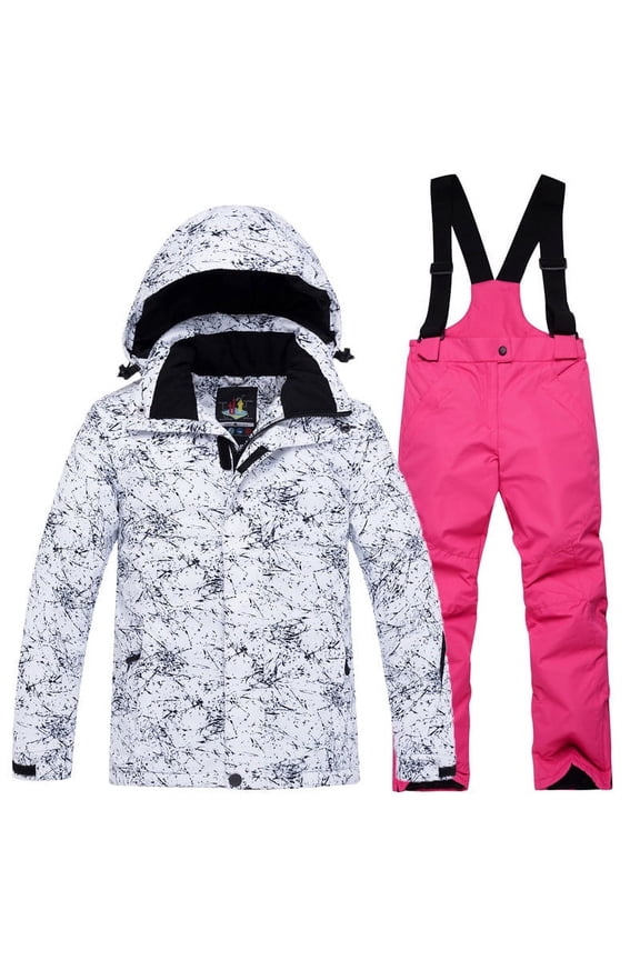 Girls Ski Jacket and Suspender Pants Set Kids Windproof 2 Piece Print Waterproof Snow Suit with Hood for Winter Outdoor Skiing Snowboarding Hot Pink Size 6-7 Years
