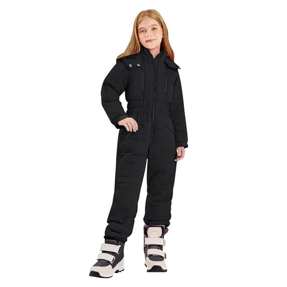 SGFCWSX Girls Ski Suits Teens Winter Snow Overall Padded Solid Color Warm Snowsuit Black Size 15-16 Years