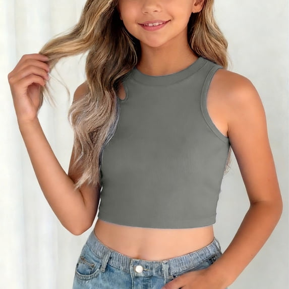 SGFCWSX Girls Sleeveless Cropped Tank Tops Kids Ribbed Cutout Casual Everyday Wear Top Gray Size 3-4Years