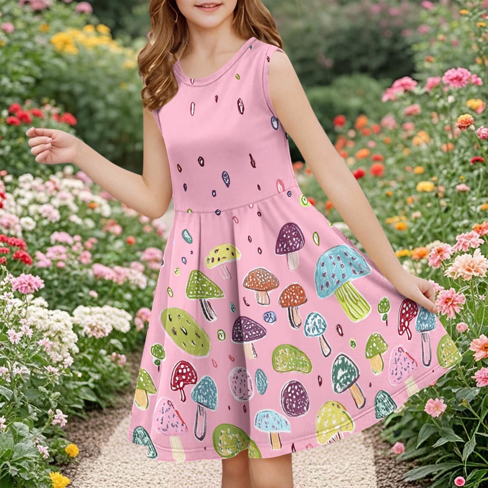 SGFCWSX Girls Sleeveless Dress A-Line Casual Floral Print Round Neck ...