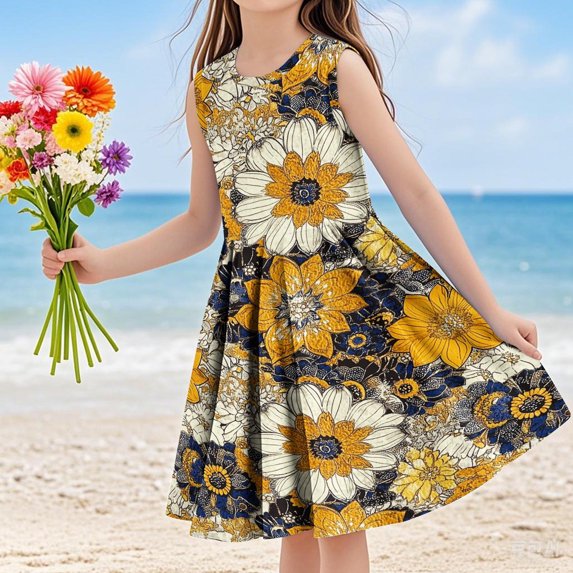 SGFCWSX Girls Sleeveless Dress A-Line Floral Print Soft Crew Neck Summer Party Dresses for Kids Multicolor Size 5-6 Years
