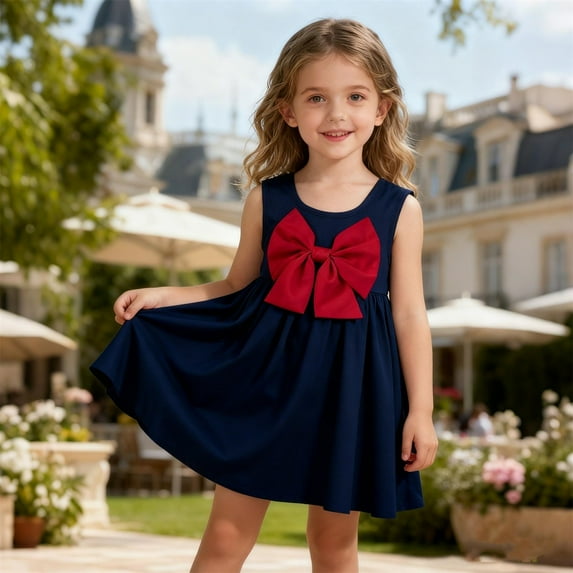 SGFCWSX Girls Sleeveless Dress A-Line Round Neck Bow Casual Summer Dresses for Kids Blue Size 2-3 Years