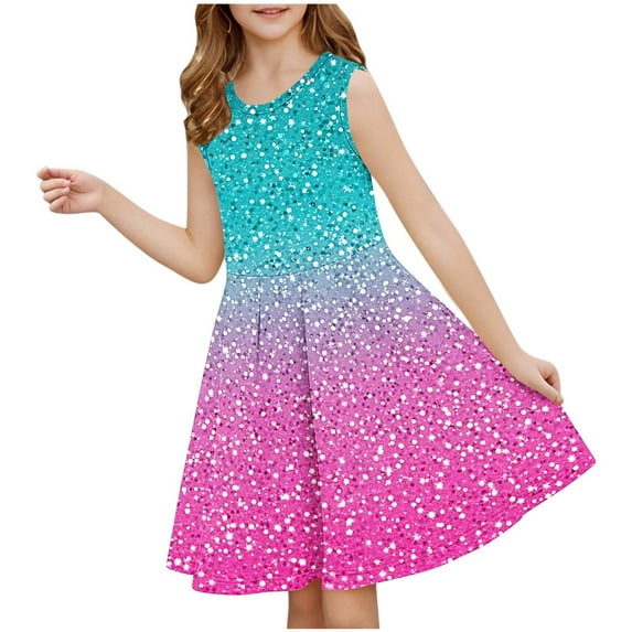 SGFCWSX Girls Sleeveless Dress A-Line Starry Glitter Gradient Print Summer Dresses for Teens Hot Pink Size 13-14 Years