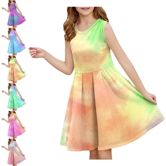 SGFCWSX Girls Sleeveless Dress A-Line Tie Dye Gradient Crew Neck Casual Summer Dresses for Kids Yellow Size 7-8 Years