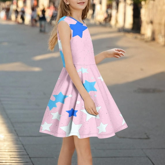 SGFCWSX Girls Sleeveless Dress Casual Star Print A-Line Crew Neck Summer Dresses for Kids Pink Size 9-10 Years