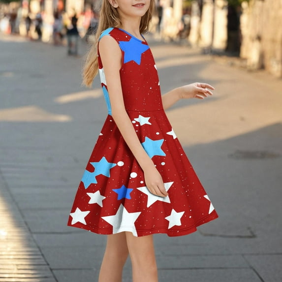 SGFCWSX Girls Sleeveless Dress Casual Star Print A-Line Crew Neck Summer Dresses for Kids Red Size 7-8 Years