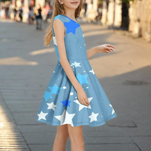 SGFCWSX Girls Sleeveless Dress Casual Star Print Crew Neck A-Line Summer Dresses for Kids Sky Blue Size 4-5 Years