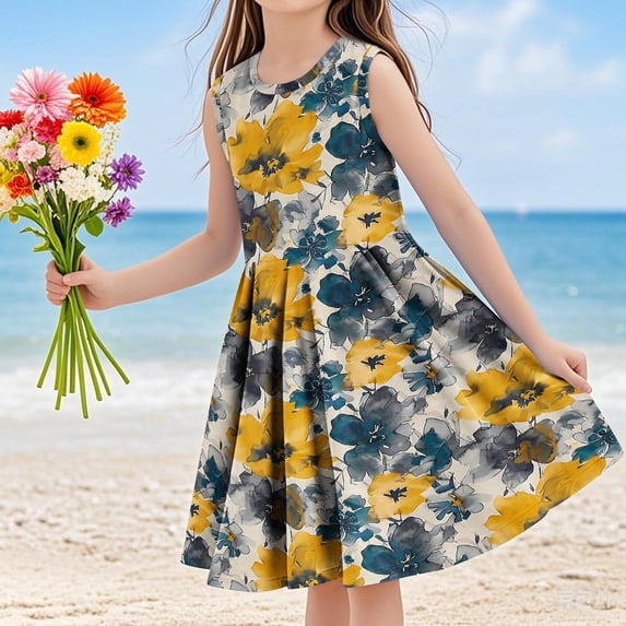 SGFCWSX Girls Sleeveless Dress Crew Neck A-Line Graphic Print Summer Party Dresses for Kids Multicolor Size 9-10 Years