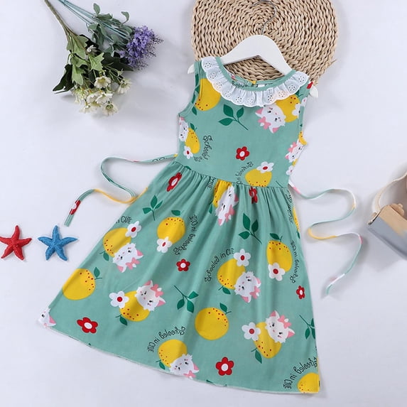 SGFCWSX Girls Sleeveless Dress Crew Neck A-Line with Side Tie Lace Trim Polka Dot Casual Summer Dresses for Kids Green Size 7-8 Years