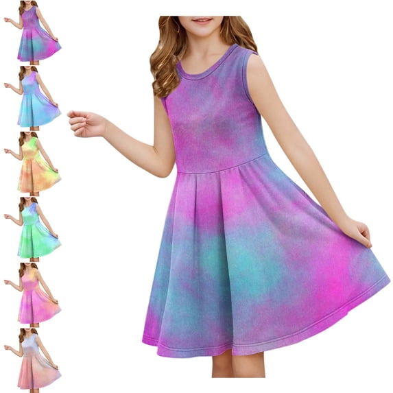 SGFCWSX Girls Sleeveless Dress Tie Dye Gradient Casual A-Line Crew Neck Summer Dresses for Teens Purple Size 13-14 Years