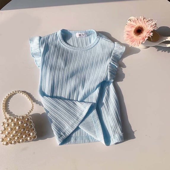 SGFCWSX Girls Sleeveless Shirts Kids Ruffle Trim Ribbed Knit Summer Casual Soft Cute Tank Tops Light Blue Size 6