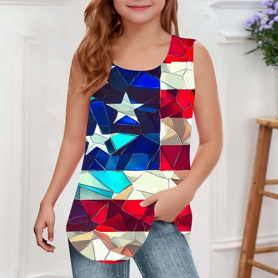 SGFCWSX Girls Sleeveless Tank Tops Kids 4th of July USA Flag Print Casual Curved Hem Top Multicolor Size 5-6 Years
