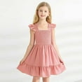 thumbnail image 1 of SGFCWSX Girls Smocked Dress Ruffle Sleeve Square Neck Summer Casual A-Line Tiered Ruffle Party Dresses for Teens Pink Size 12-13Years, 1 of 5