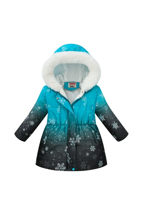 Girls Snowflake Print Puffer Coat Kids Hooded Gradient Fleece Lined Winter Jacket Black Size 9-10 Years
