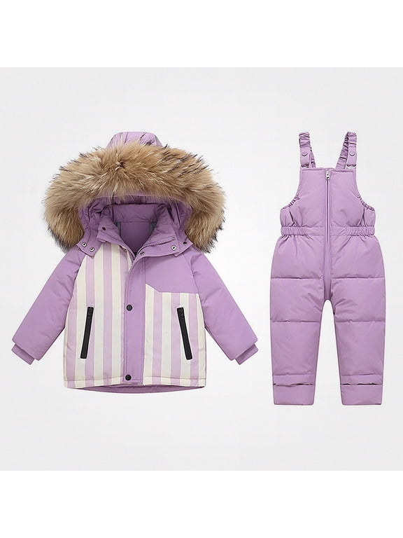 Girls Snowsuit 2 Piece Set Ski Jacket and Pants, Waterproof Windproof Fleece Lined Faux Fur Hooded Winter Outfit for Kids Purple Size 7