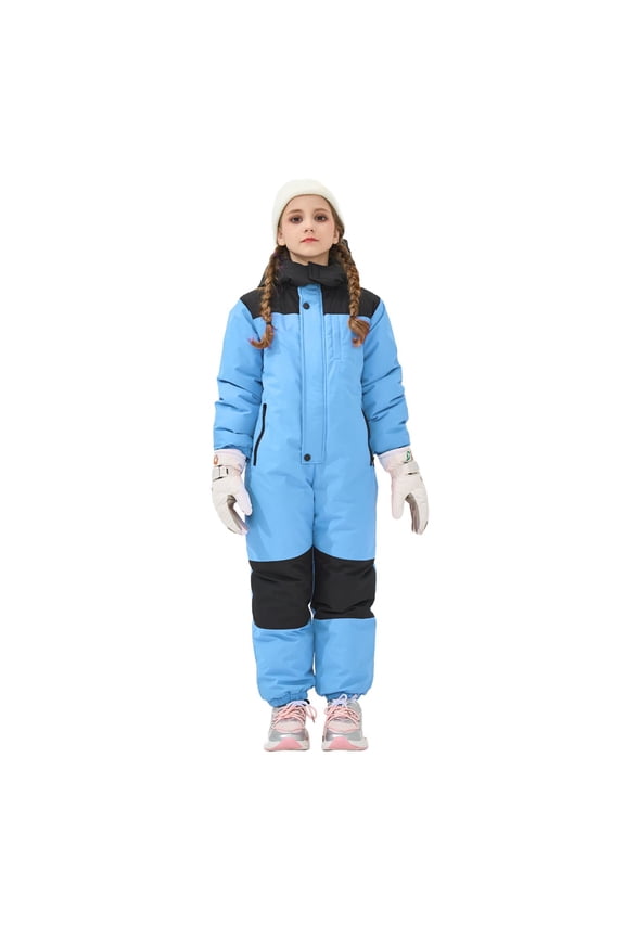 Girls Snowsuit with Furry Hood and Reflective Strips Kids Windproof Winter Insulated Waterproof Snow Overall Jumpsuit Light Blue Size 7-8Year