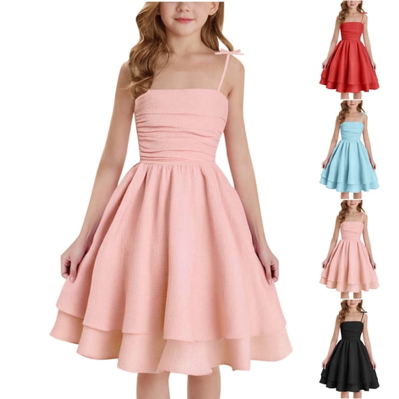 SGFCWSX Girls Spaghetti Strap Dress Ruched Bodice Tiered Ruffle Skirt Party Dress for Kids Pink Size 9-10 Years