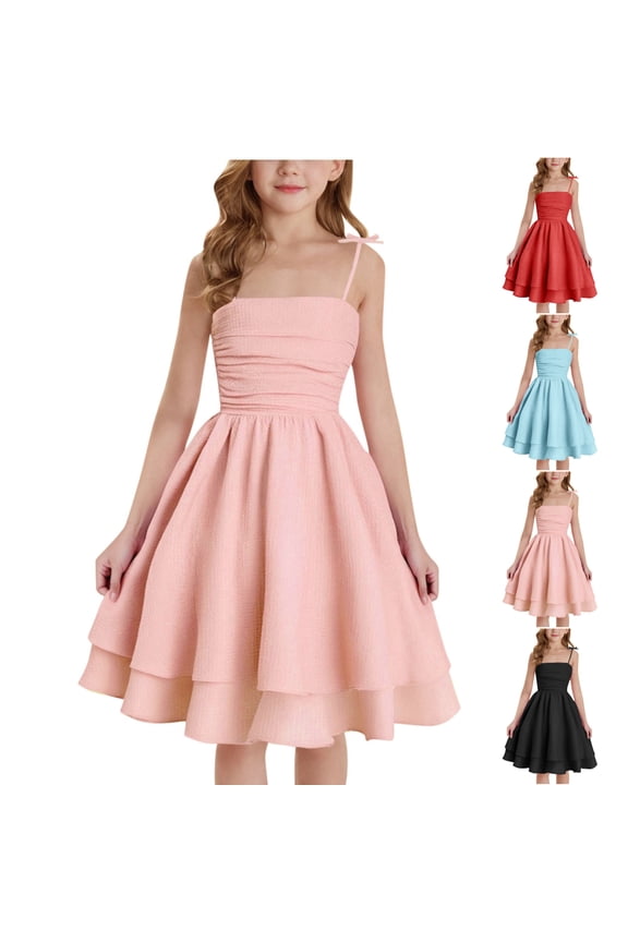 Girls Spaghetti Strap Dress Ruched Bodice Tiered Ruffle Skirt Party Dress for Kids Pink Size 9-10 Years