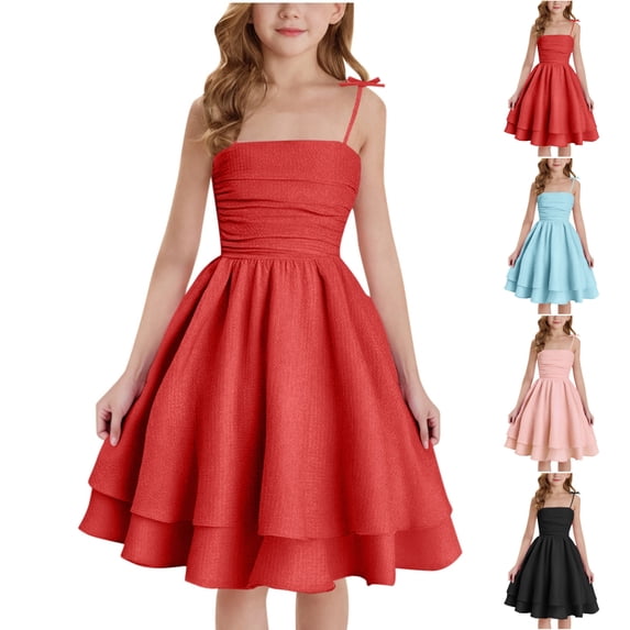 SGFCWSX Girls Spaghetti Strap Dress Ruched Bodice Tiered Ruffle Skirt Party Dress for Kids Red Size 11-12 Years