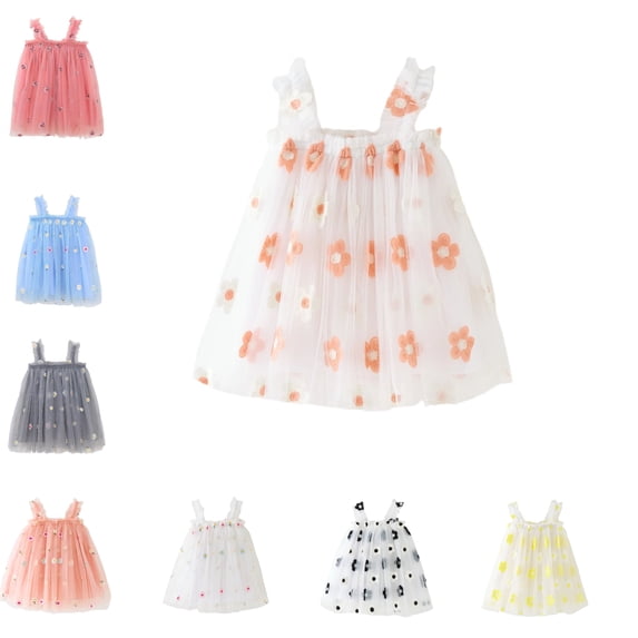 SGFCWSX Girls Spaghetti Strap Tulle Mesh Dress A-Line Floral Embroidery Ruffle Trim Party Dress for Kids Summer Pink Size 1-2Years