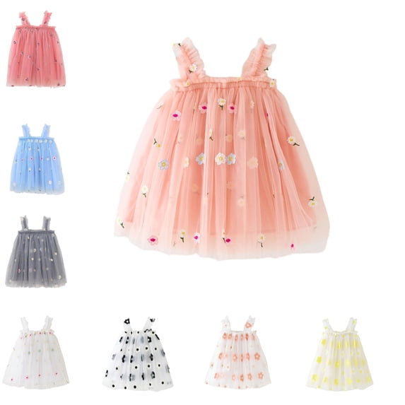 SGFCWSX Girls Spaghetti Strap Tulle Mesh Dress A-Line Floral Embroidery Ruffle Trim Party Dress for Kids Summer Pink Size 4-5Years