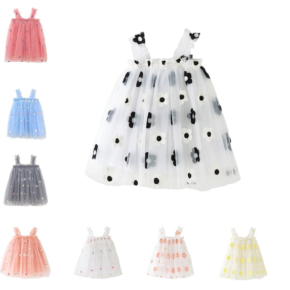 SGFCWSX Girls Spaghetti Strap Tulle Mesh Dress Floral Embroidery A-Line Ruffle Trim Party Dress for Kids Summer Black Size 6-7Years