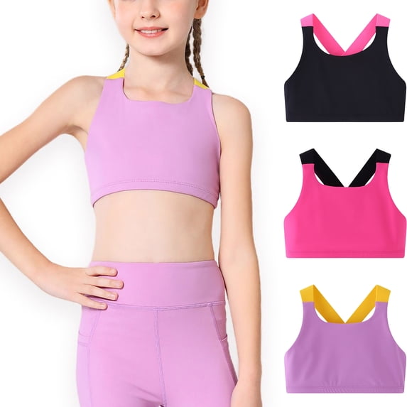 SGFCWSX Girls Sports Bra Breathable Stretchy Athletic Criss Cross Back Outdoor Play Gym Crop Top Purple Size 8-9 Years