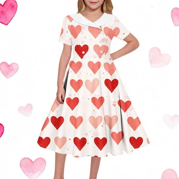 SGFCWSX Girls Summer Dress Short Sleeve Heart Print Peter Pan Collar A-Line Twirl Dress for Teens Red Size 13