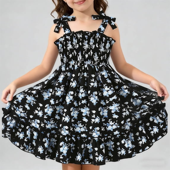 SGFCWSX Girls Summer Dresses Tie Shoulder Bow Knot Spaghetti Strap Floral Print Smocked Ruffle Hem Casual A-Line Kids Vacation Dress Blue Size 2-3 Years