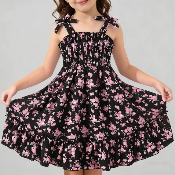 SGFCWSX Girls Summer Dresses Tie Shoulder Bow Knot Spaghetti Strap Floral Print Smocked Ruffle Hem Casual A-Line Kids Vacation Dress Pink Size 5-6 Years