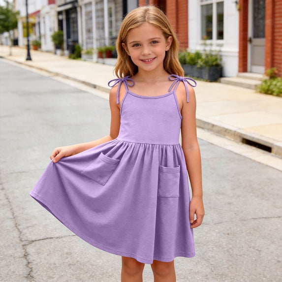 SGFCWSX Girls Summer Dresses Tie Shoulder Spaghetti Strap with Pockets Solid Color Casual A-Line Kids Casual Dress Purple Size 7 Years