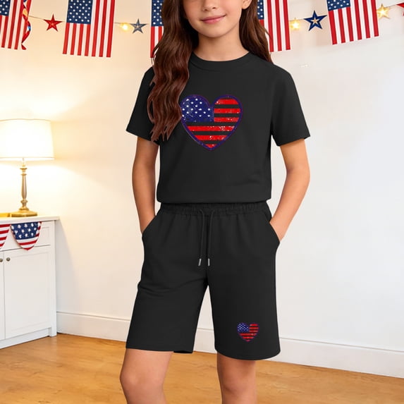 SGFCWSX Girls Summer Outfits 2 Piece Patriotic Print Short Sleeve Top and Drawstring Elastic Waist Shorts Set Casual Daily Playwear Black Size 7
