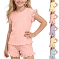 thumbnail image 1 of SGFCWSX Girls Summer Outfits 2 Piece Ribbed Ruffle Sleeve Top and Ruffle Shorts Set Casual Soft Daily Wear Pink Size 6, 1 of 10
