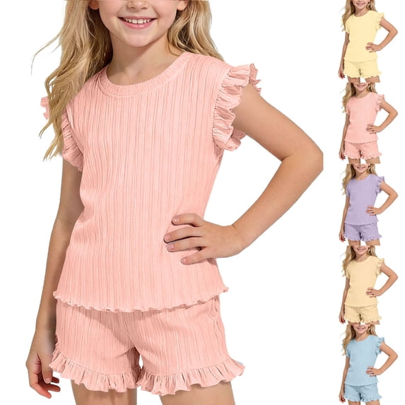 SGFCWSX Girls Summer Outfits 2 Piece Ribbed Ruffle Sleeve Top and Ruffle Shorts Set Casual Soft Daily Wear Pink Size 6