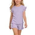 thumbnail image 1 of SGFCWSX Girls Summer Outfits 2 Piece Ribbed Ruffle Sleeve Top and Ruffle Shorts Set Casual Soft Daily Wear Purple Size 10, 1 of 9