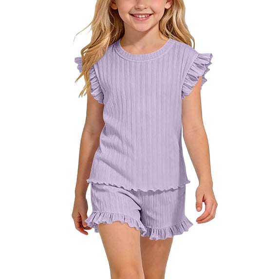 SGFCWSX Girls Summer Outfits 2 Piece Ribbed Ruffle Sleeve Top and Ruffle Shorts Set Casual Soft Daily Wear Purple Size 10