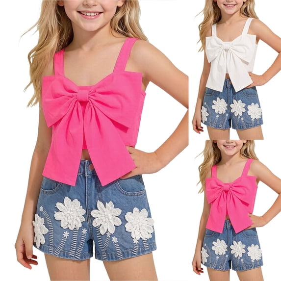 SGFCWSX Girls Summer Outfits 2 Piece Sleeveless Bow Crop Top and Floral Denim Shorts Set Casual Daily Vacation Wear Hot Pink Size 8
