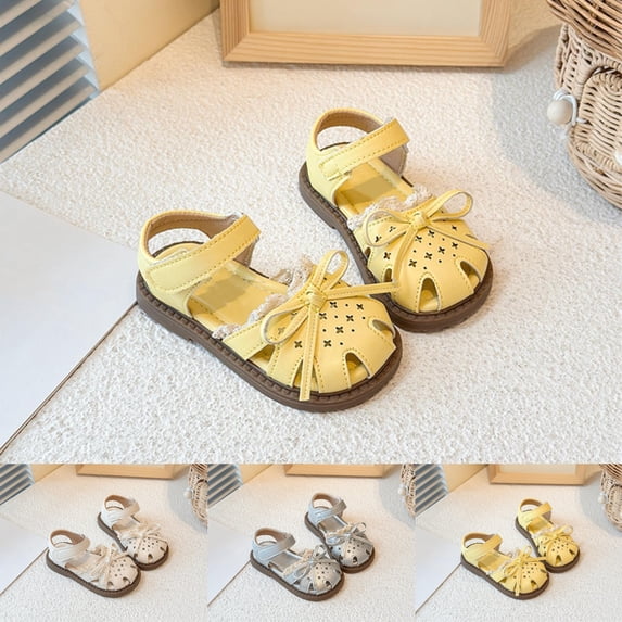 SGFCWSX Girls Summer Sandals Closed Toe Bow Lace Hollow Out Ankle Strap Soft Sole Casual Beach Outdoor Shoes for Daily Use Yellow Size 8 Toddler