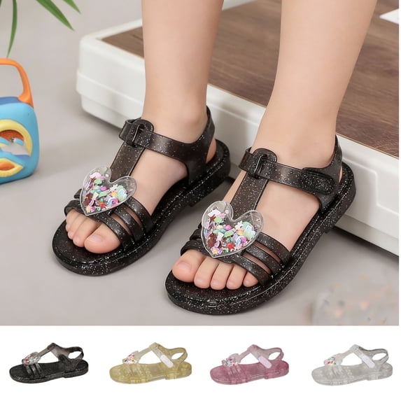 SGFCWSX Girls Summer Sandals Jelly Glitter Heart Open Toe Flat Soft Sole Adjustable Strap Beach Casual Sandals for Daily Use Black Size 11 Little Kids