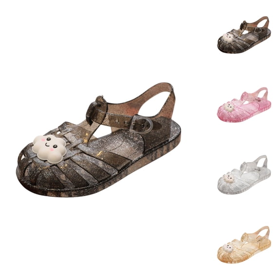 SGFCWSX Girls Summer Sandals Kids Jelly Cloud Decor Glitter T-Strap Adjustable Buckle Closed Toe Casual Shoes Black Size 1.5-2 Years