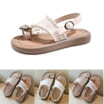 thumbnail image 1 of SGFCWSX Girls Summer Sandals Open Toe Pearl Heart Rhinestone Mesh Upper Ankle Strap Flat Soft Sole Sandals for Beach Daily Use Beige Size 2.5 Big Kids, 1 of 7