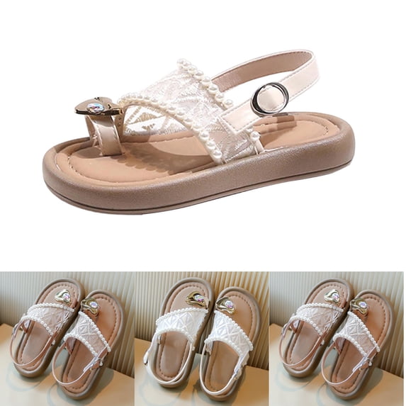 SGFCWSX Girls Summer Sandals Open Toe Pearl Heart Rhinestone Mesh Upper Ankle Strap Flat Soft Sole Sandals for Beach Daily Use Beige Size 2.5 Big Kids