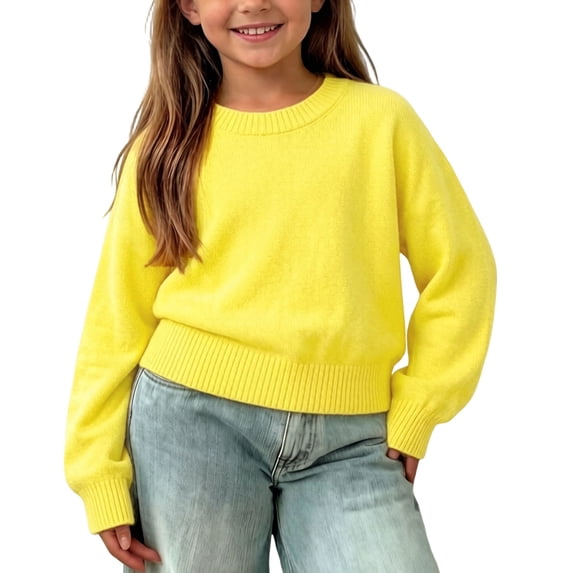 SGFCWSX Girls Sweater Cropped Pullover Crewneck Ribbed Knit Hem Soft Cozy Basic Winter Casual Top Yellow Size 6
