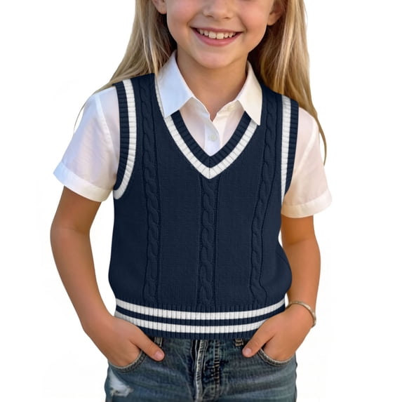 SGFCWSX Girls Sweater Vest Textured Cable Knit V Neck Ribbed Stripe Sweaters for Kids Navy Size 7