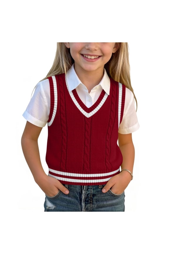Girls Sweater Vest Textured Cable Knit V Neck Ribbed Stripe Sweaters for Kids Red Size 3T