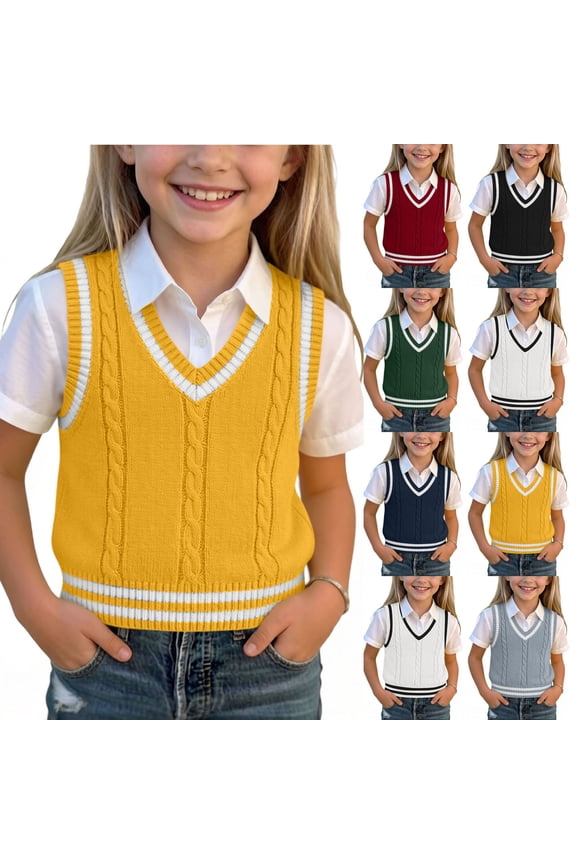 Girls Sweater Vest Textured Cable Knit V Neck Ribbed Stripe Sweaters for Kids Yellow Size 5T