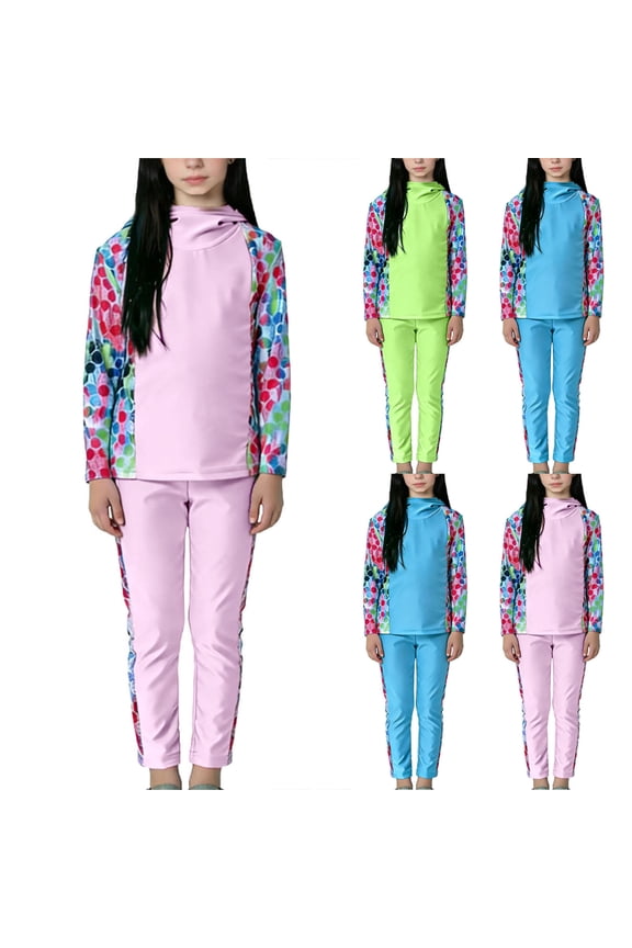 Girls Swimsuit 2-Piece Set, Long Sleeve Hooded Top and Elastic Waist Full-Length Leggings, Kids Sport Swimwear Pink Size 11-12Years